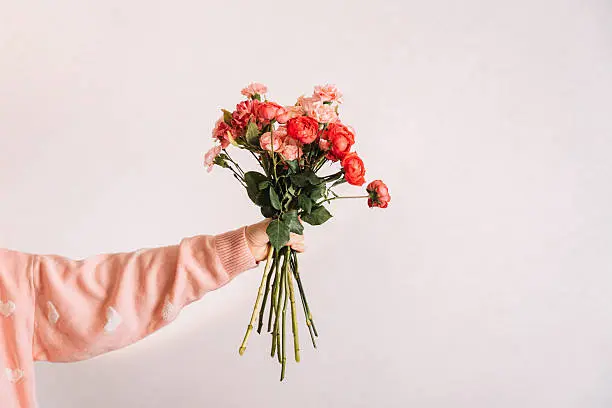 Person holding a bouquet of pink roses against a plain background.
